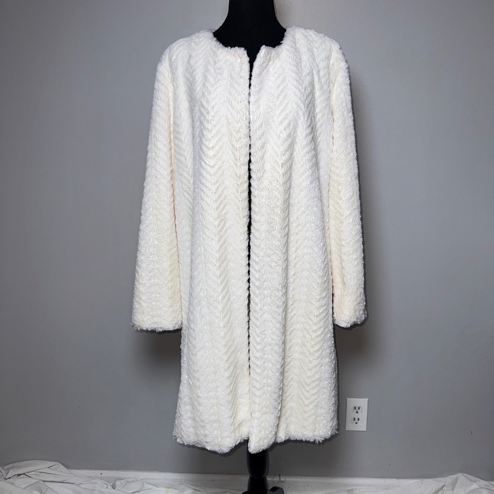Fever White Faux Fur Chevron Textured Longline Coat Jacket Large